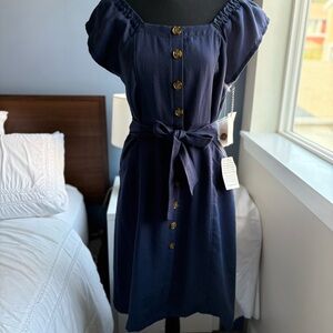 1901 Navy Button-Front Tie Waist Dress with Flutter Sleeves